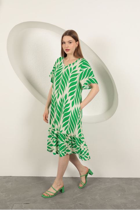 Viskon Kumaş Yaprak Desen Elbise-Yeşil