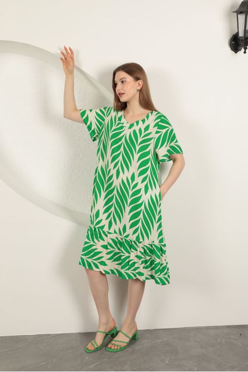 Viskon Kumaş Yaprak Desen Elbise-Yeşil