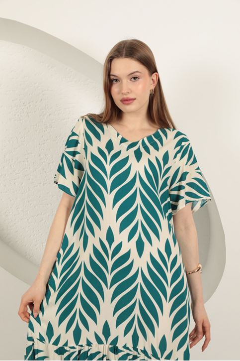 Viskon Kumaş Yaprak Desen Elbise-Zümrüt Yeşil