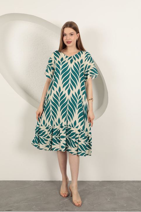 فستان من قماش الفيسكوز بنقشة أوراق الشجر - أخضر زمردي