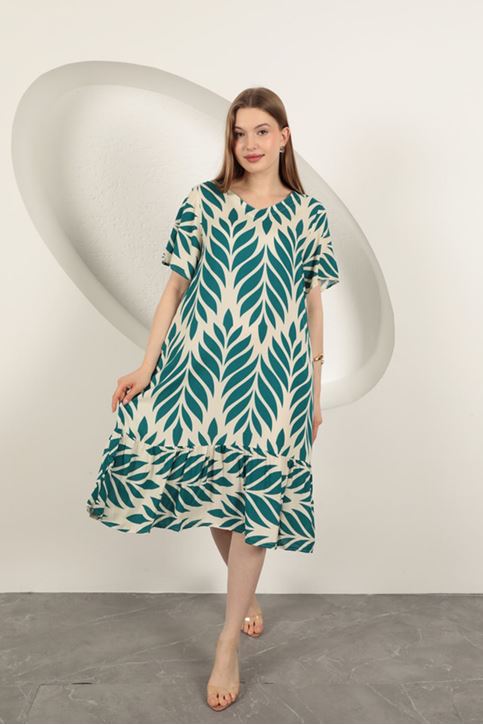 Viskon Kumaş Yaprak Desen Elbise-Zümrüt Yeşil