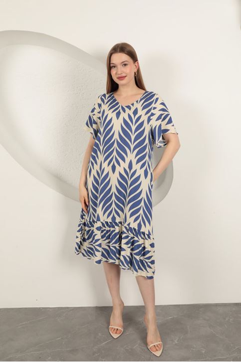 Viskon Kumaş Yaprak Desen Elbise-Saks