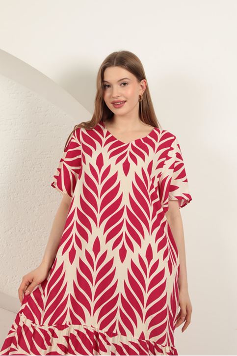 Viskon Kumaş Yaprak Desen Elbise-Fuşya