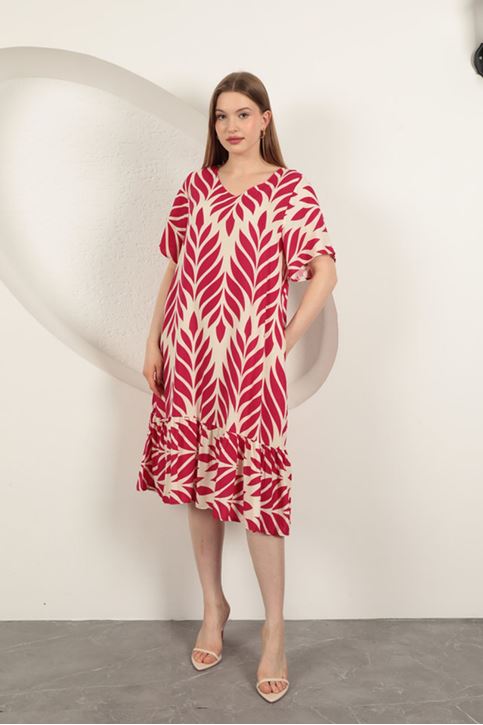 Viskon Kumaş Yaprak Desen Elbise-Fuşya