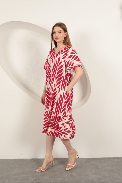 Viskon Kumaş Yaprak Desen Elbise-Fuşya