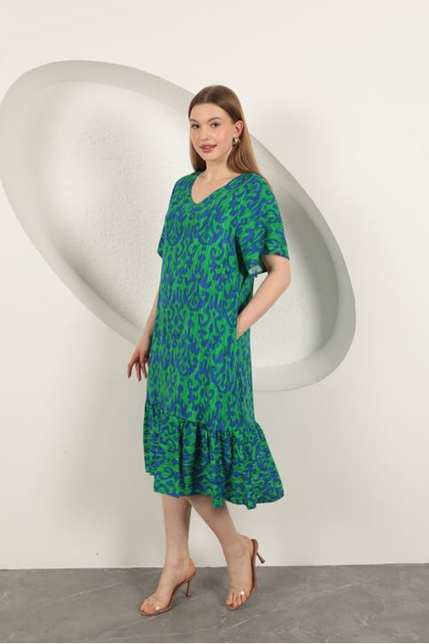 Viskon Kumaş Desenli Elbise-Yeşil