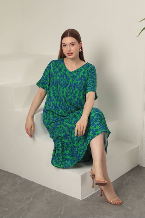 Viskon Kumaş Desenli Elbise-Yeşil