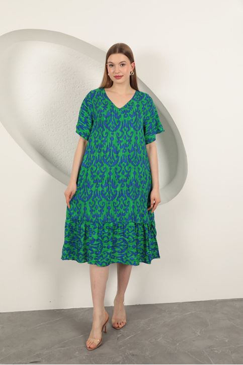 Viskon Kumaş Desenli Elbise-Yeşil