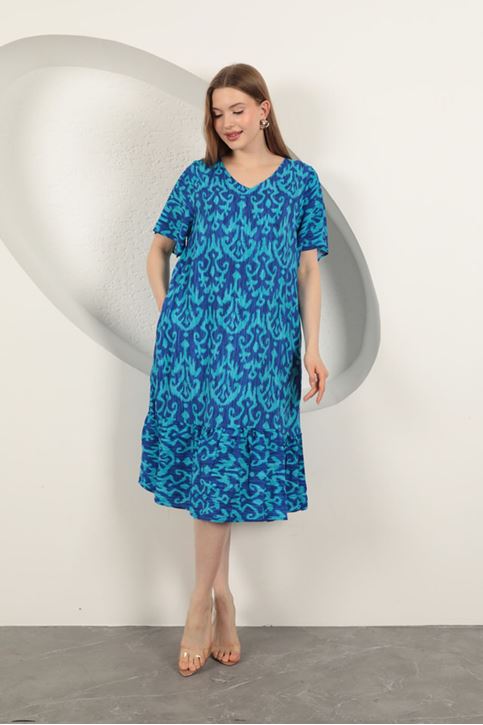 Viskon Kumaş Desenli Elbise-Saks