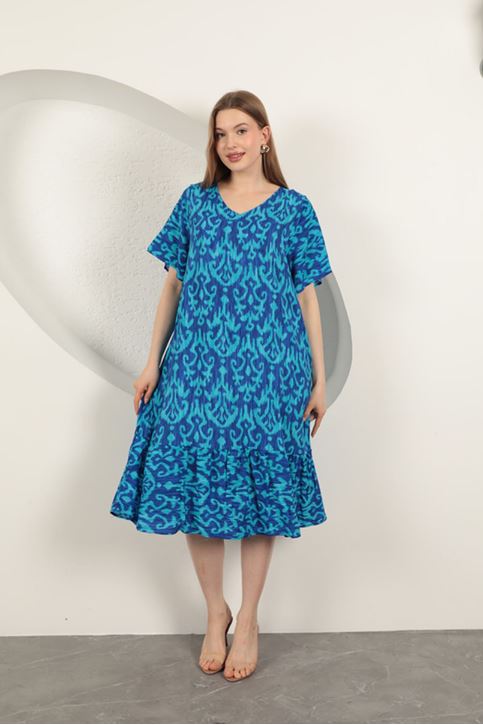 Viskon Kumaş Desenli Elbise-Saks