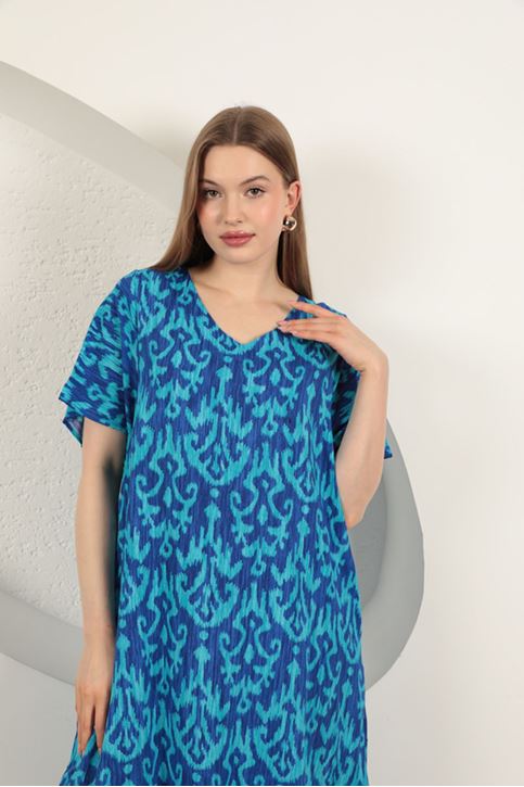 Viskon Kumaş Desenli Elbise-Saks