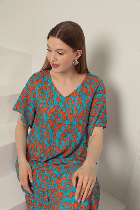 Viskon Kumaş Desenli Elbise-Oranj