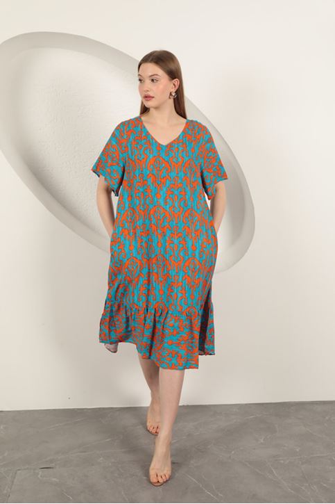 Viskon Kumaş Desenli Elbise-Oranj