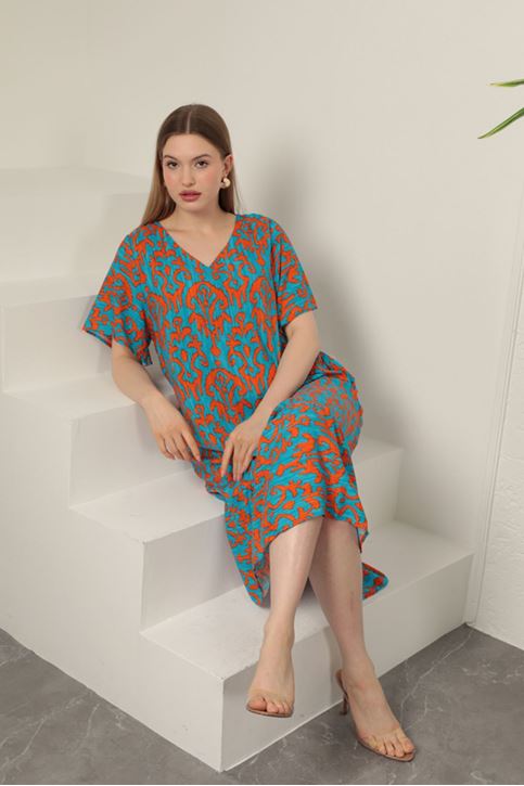 Viskon Kumaş Desenli Elbise-Oranj