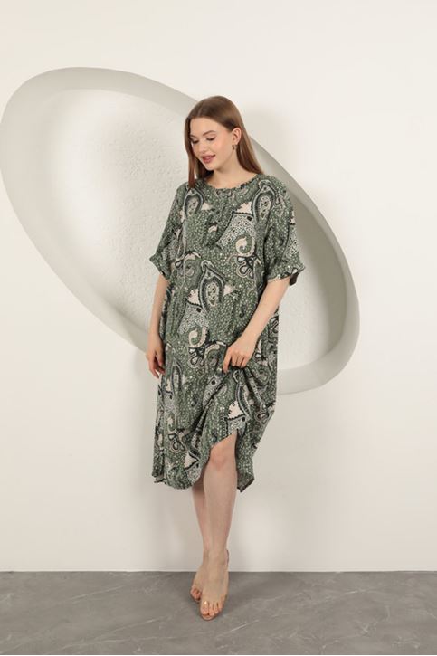 Viskon Şal Desenli Elbise-Haki