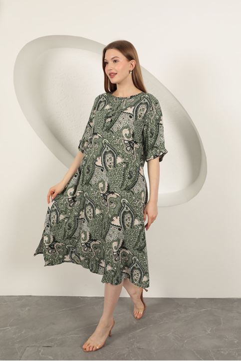 Viskon Şal Desenli Elbise-Haki