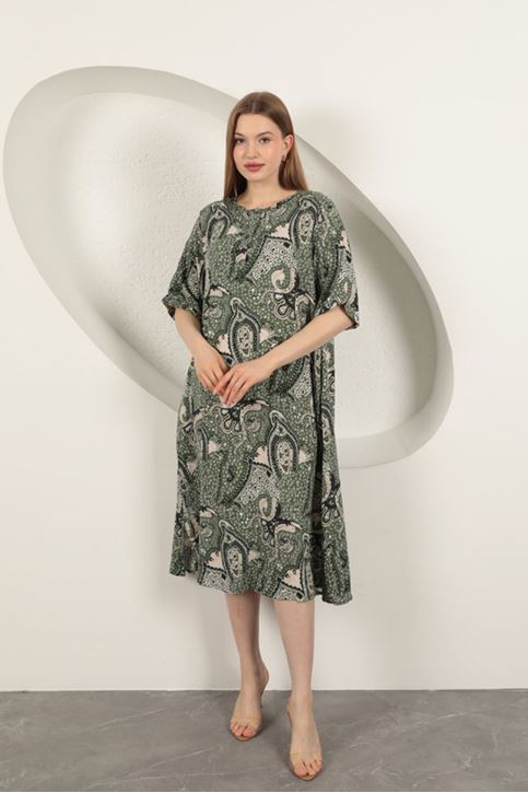 Viskon Şal Desenli Elbise-Haki