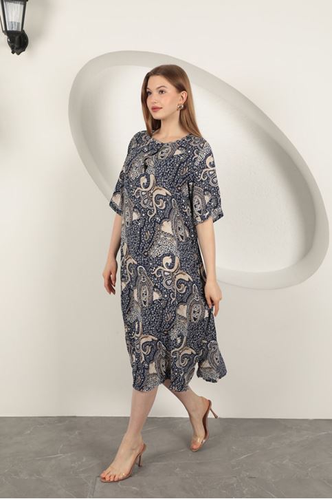Viskon Şal Desenli Elbise-Lacivert