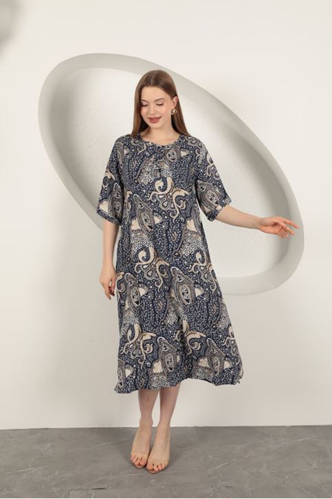 Viskon Şal Desenli Elbise-Lacivert