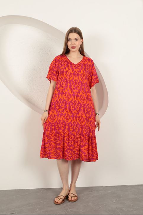 Viskon Kumaş Desenli Elbise-Mor