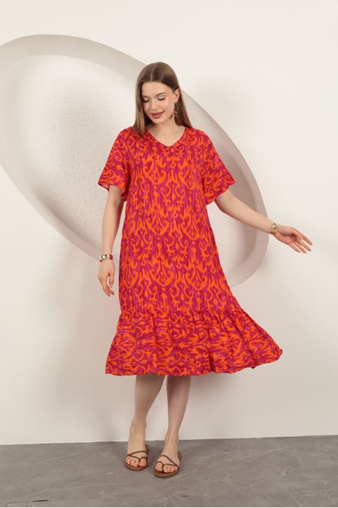 Viskon Kumaş Desenli Elbise-Mor