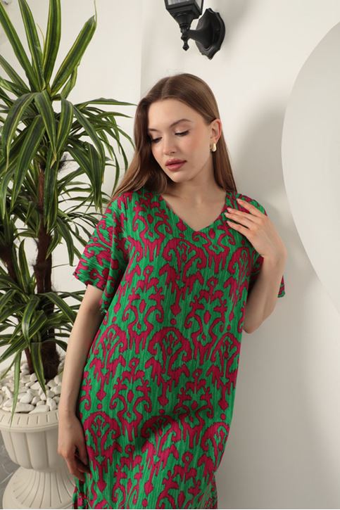 Viskon Kumaş Desenli Elbise-Fuşya