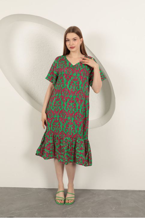 Viskon Kumaş Desenli Elbise-Fuşya