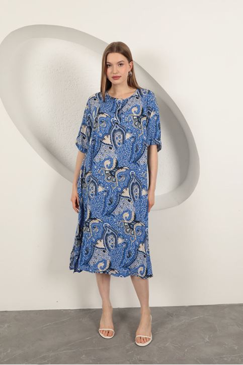 Viskon Şal Desenli Elbise-Saks