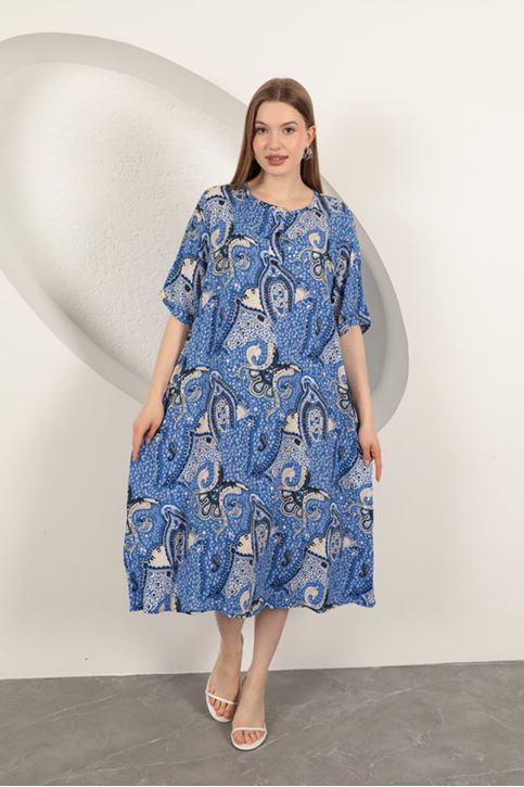 Viskon Şal Desenli Elbise-Saks