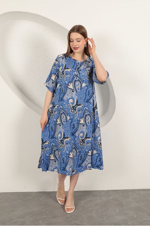 Viskon Şal Desenli Elbise-Saks