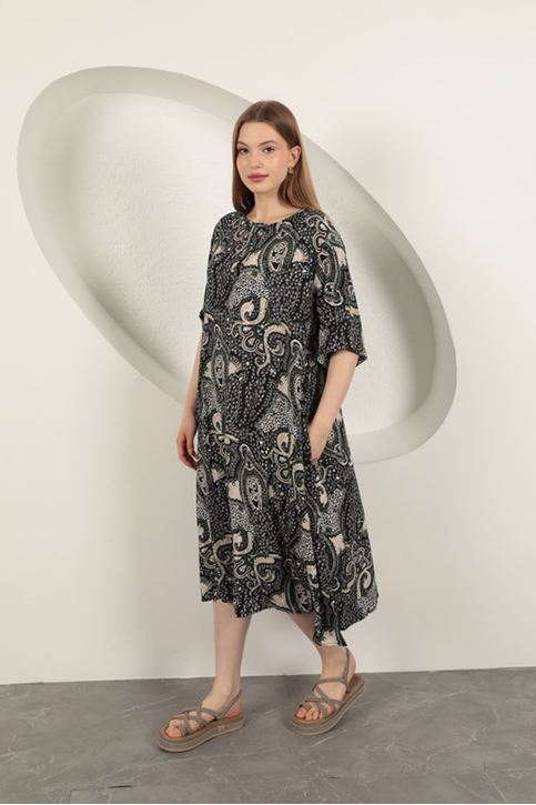 Viscose Shawl Patterned Dress-Black