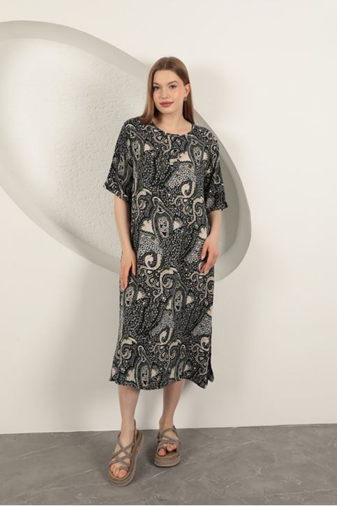 Viscose Shawl Patterned Dress-Black