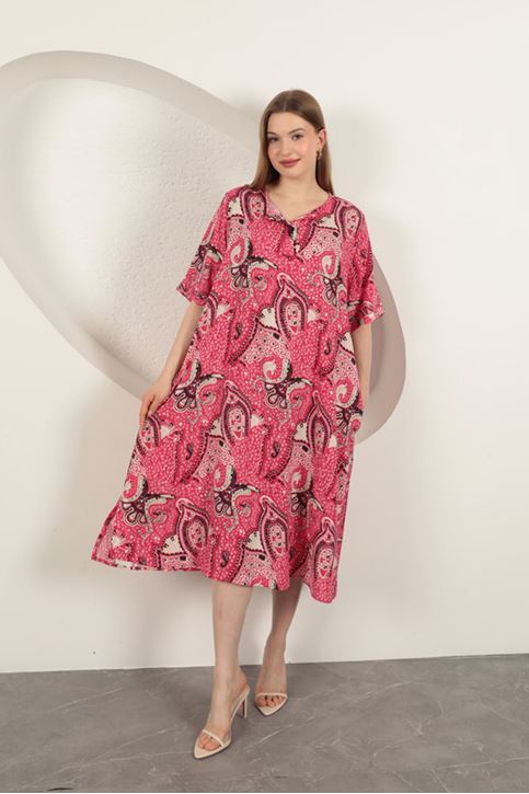 Viskon Şal Desenli Elbise-Fuşya