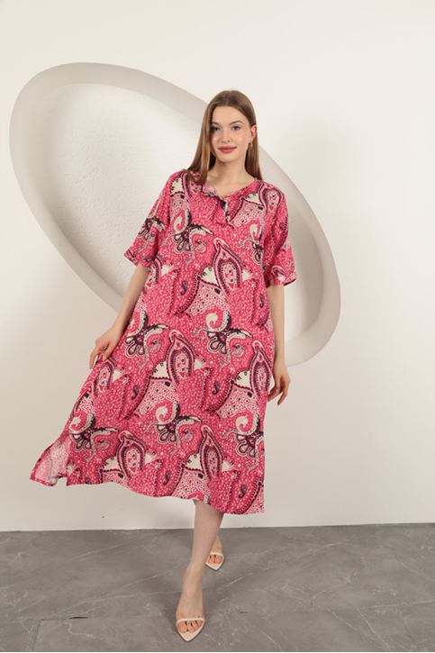 Viskon Şal Desenli Elbise-Fuşya