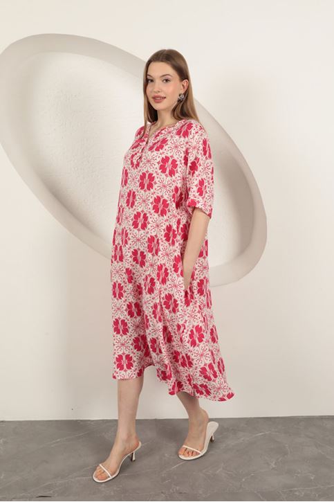 Viskon Kumaş Desenli Elbise-Fuşya