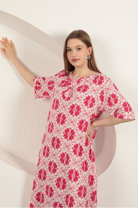 Viskon Kumaş Desenli Elbise-Fuşya