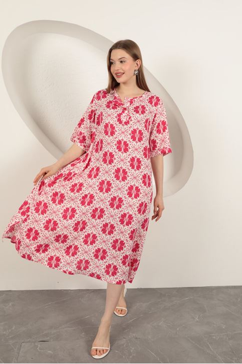 Viskon Kumaş Desenli Elbise-Fuşya