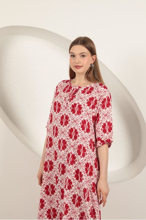 Viskon Kumaş Desenli Elbise-Kiremit