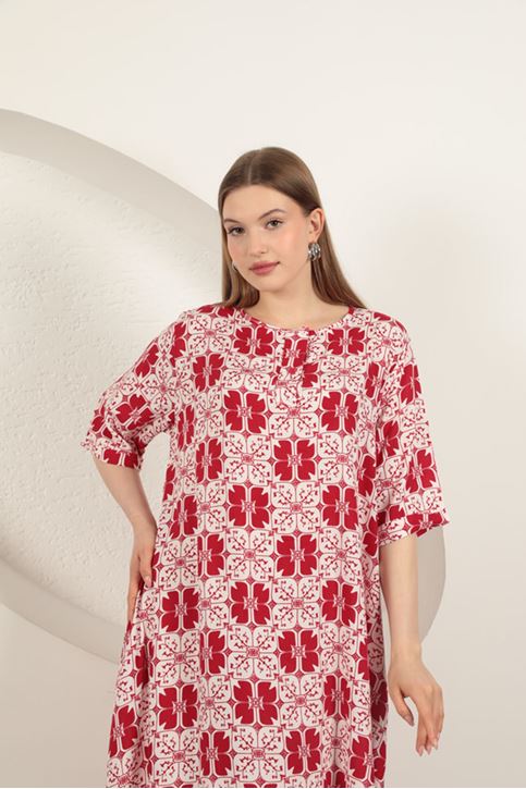 Viskon Kumaş Desenli Elbise-Kiremit