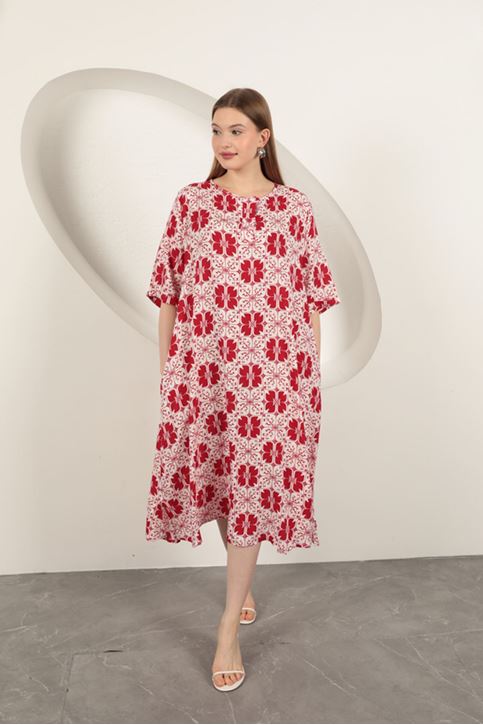 Viskon Kumaş Desenli Elbise-Kiremit