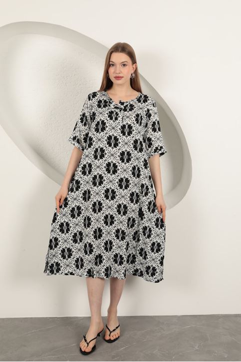 Viskon Kumaş Desenli Elbise-Siyah