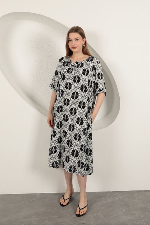 Viskon Kumaş Desenli Elbise-Siyah