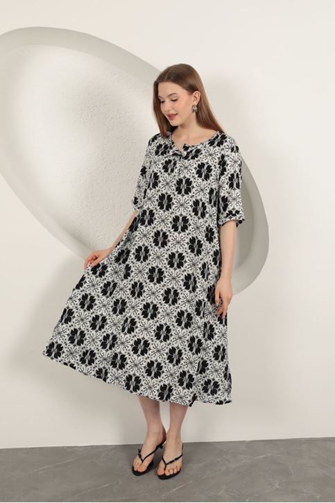 Viskon Kumaş Desenli Elbise-Siyah