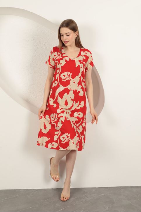 Viskon Kumaş Desenli Elbise-Kırmızı
