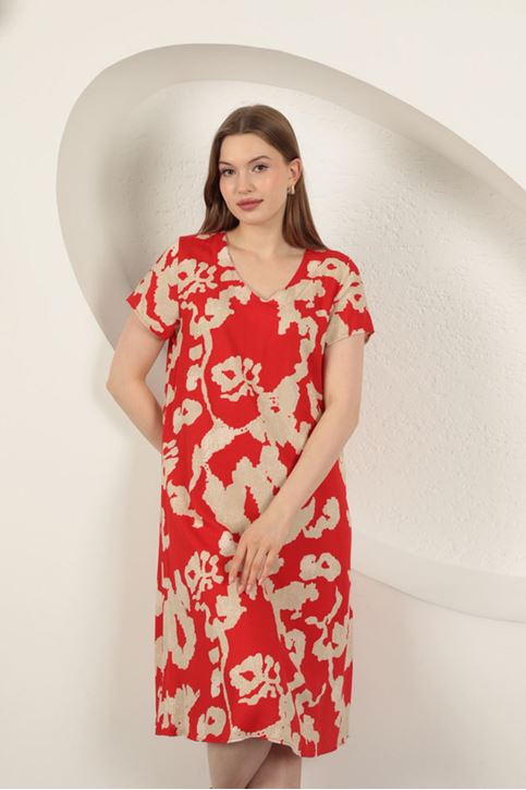 Viskon Kumaş Desenli Elbise-Kırmızı