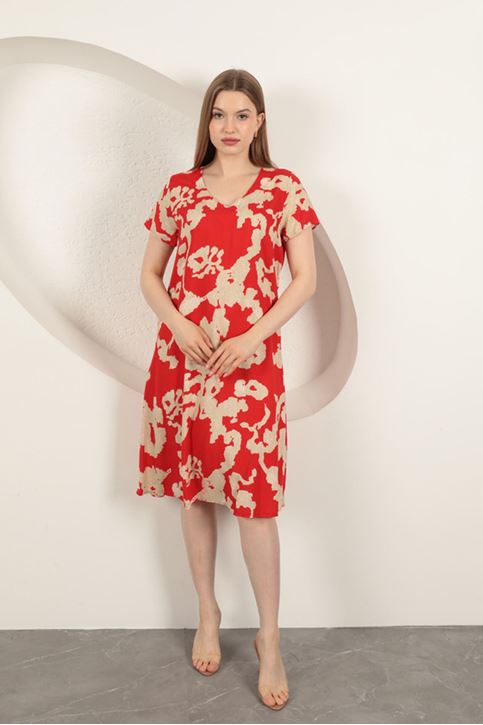 Viskon Kumaş Desenli Elbise-Kırmızı
