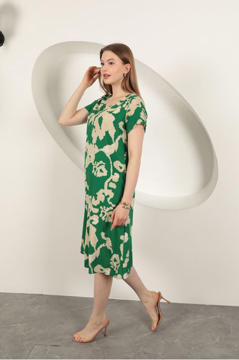 Viskon Kumaş Desenli Elbise-Yeşil
