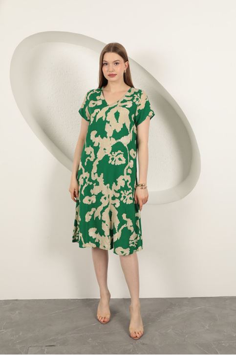 Viskon Kumaş Desenli Elbise-Yeşil