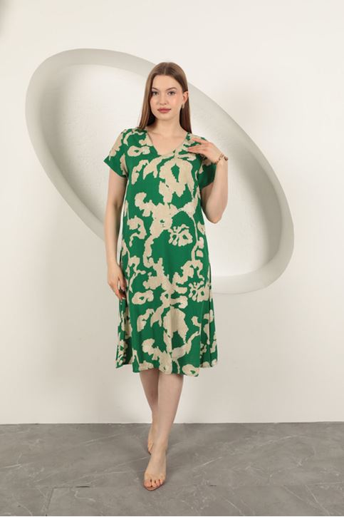 Viskon Kumaş Desenli Elbise-Yeşil