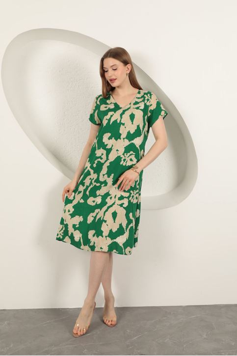 Viskon Kumaş Desenli Elbise-Yeşil